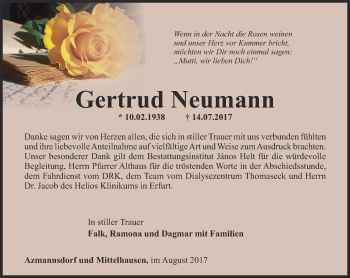 Traueranzeige von Gertrud Neumann von Thüringer Allgemeine, Thüringische Landeszeitung