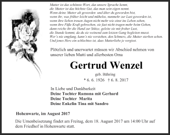 Traueranzeige von Gertrud Wenzel von Ostthüringer Zeitung