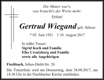 Traueranzeige von Gertrud Wiegand von Ostthüringer Zeitung, Thüringische Landeszeitung