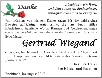 Traueranzeige von Gertrud Wiegand von Ostthüringer Zeitung, Thüringische Landeszeitung