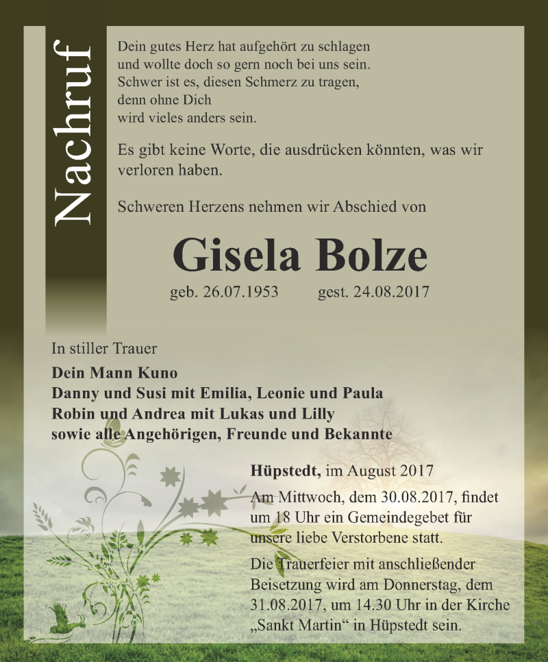  Traueranzeige für Gisela Bolze vom 29.08.2017 aus Thüringer Allgemeine, Thüringische Landeszeitung