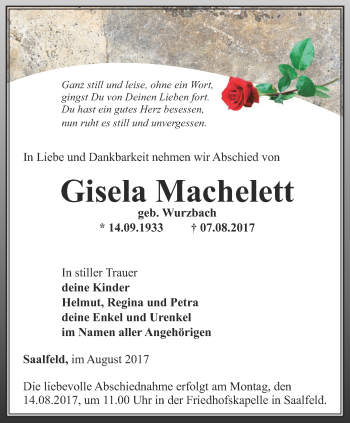 Traueranzeige von Gisela Machelett von Ostthüringer Zeitung