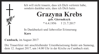 Traueranzeige von Grazyna Krebs von Ostthüringer Zeitung, Thüringische Landeszeitung