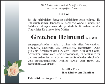 Traueranzeige von Gretchen Helmund von Ostthüringer Zeitung, Thüringische Landeszeitung