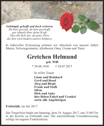 Traueranzeige von Gretchen Helmund von Ostthüringer Zeitung, Thüringische Landeszeitung
