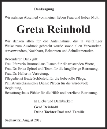 Traueranzeige von Grete Reinhold von Ostthüringer Zeitung