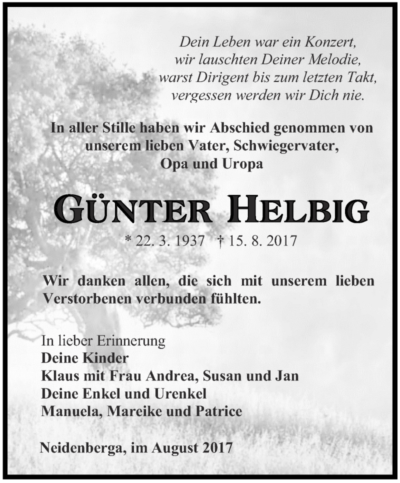  Traueranzeige für Günter Helbig vom 26.08.2017 aus Ostthüringer Zeitung