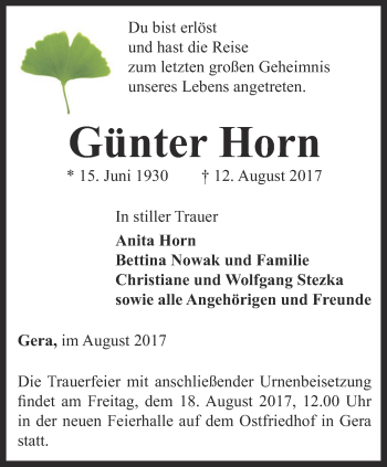 Traueranzeige von Günter Horn von Ostthüringer Zeitung