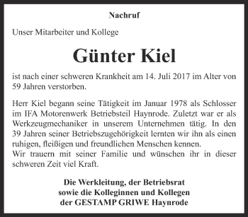 Traueranzeige von Günter Kiel von Thüringer Allgemeine