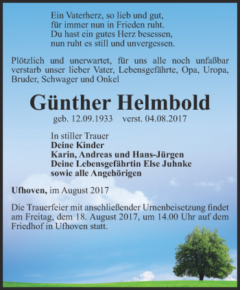 Traueranzeige von Günther Helmbold von Thüringer Allgemeine, Thüringische Landeszeitung