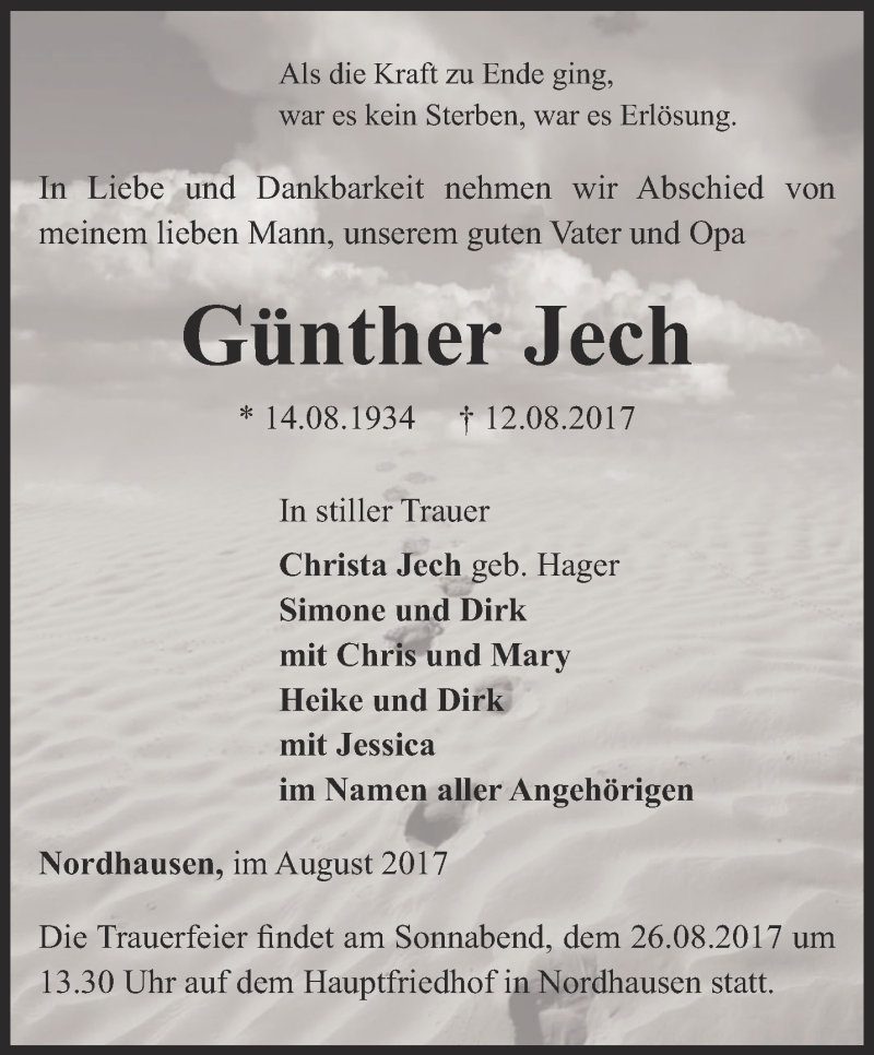  Traueranzeige für Günther Jech vom 16.08.2017 aus Thüringer Allgemeine