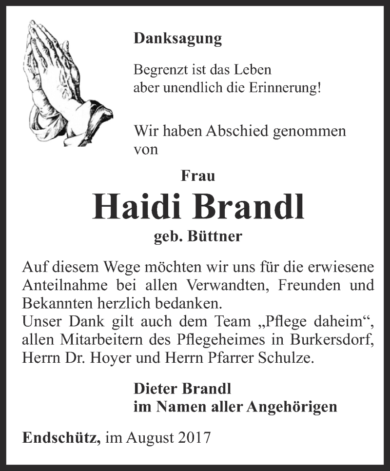  Traueranzeige für Haidi Brandl vom 19.08.2017 aus Ostthüringer Zeitung