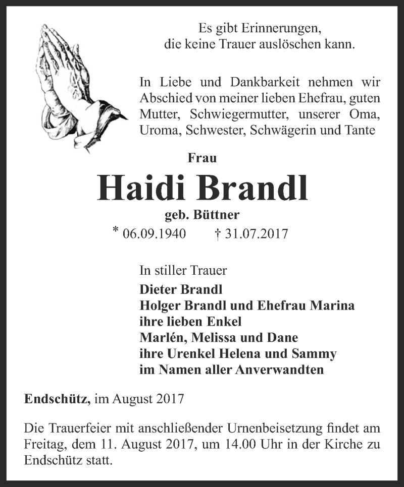  Traueranzeige für Haidi Brandl vom 05.08.2017 aus Ostthüringer Zeitung