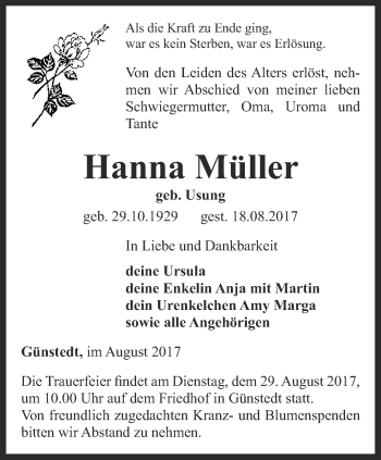 Traueranzeige von Hanna Müller von Thüringer Allgemeine