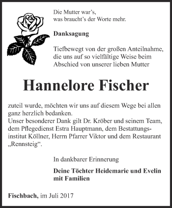 Traueranzeige von Hannelore Fischer von Ostthüringer Zeitung, Thüringische Landeszeitung