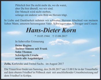 Traueranzeige von Hans-Dieter Korn von Ostthüringer Zeitung