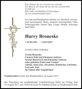 Traueranzeige von Harry Broneske von Ostthüringer Zeitung, Thüringische Landeszeitung