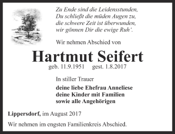 Traueranzeige von Hartmut Seifert von Ostthüringer Zeitung