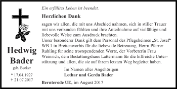 Traueranzeige von Hedwig Bader von Thüringer Allgemeine