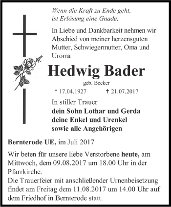 Traueranzeige von Hedwig Bader von Thüringer Allgemeine