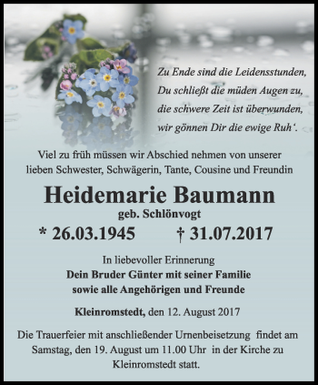 Traueranzeige von Heidemarie Baumann von Thüringer Allgemeine, Thüringische Landeszeitung