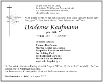 Traueranzeige von Heiderose Kaufmann von Thüringer Allgemeine, Thüringische Landeszeitung