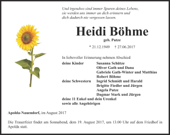 Traueranzeige von Heidi Böhme von Thüringer Allgemeine, Thüringische Landeszeitung