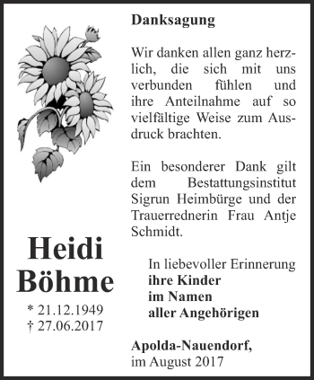 Traueranzeige von Heidi Böhme von Thüringer Allgemeine, Thüringische Landeszeitung