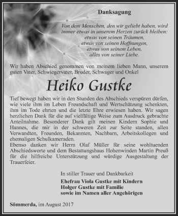 Traueranzeige von Heiko Gustke von Thüringer Allgemeine