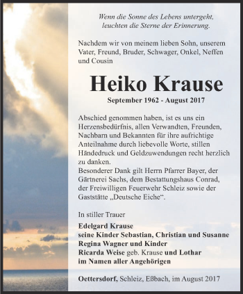 Traueranzeige von Heiko Krause von Ostthüringer Zeitung