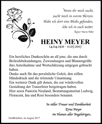 Traueranzeige von Heiny Meyer von Thüringer Allgemeine