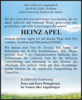 Traueranzeige von Heinz Apel von Ostthüringer Zeitung, Thüringische Landeszeitung