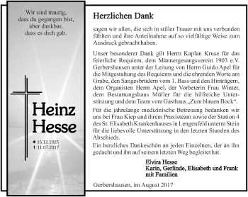 Traueranzeige von Heinz Hesse von Thüringer Allgemeine