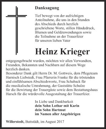 Traueranzeige von Heinz Krieger von Thüringer Allgemeine, Thüringische Landeszeitung