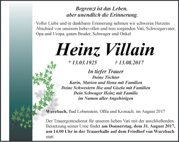 Traueranzeige von Heinz Villain von Ostthüringer Zeitung