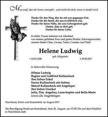 Traueranzeige von Helene Ludwig von Thüringer Allgemeine, Thüringische Landeszeitung