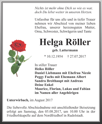 Traueranzeige von Helga Röller von Ostthüringer Zeitung