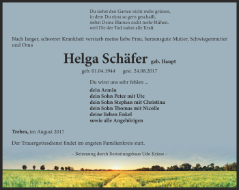 Traueranzeige von Helga Schäfer von Thüringer Allgemeine