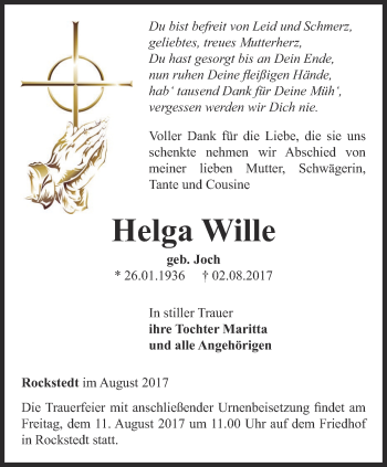 Traueranzeige von Helga Wille von Thüringer Allgemeine