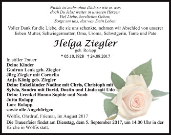 Traueranzeige von Helga Ziegler von Ostthüringer Zeitung, Thüringische Landeszeitung