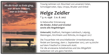 Traueranzeige von Helge Zeidler von Thüringer Allgemeine, Thüringische Landeszeitung