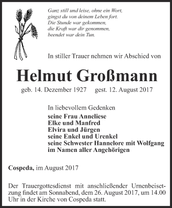 Traueranzeige von Helmut Großmann von Ostthüringer Zeitung, Thüringische Landeszeitung