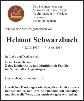 Traueranzeige von Helmut Schwarzbach von Thüringer Allgemeine, Thüringische Landeszeitung