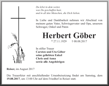 Traueranzeige von Herbert Göber von Thüringer Allgemeine, Thüringische Landeszeitung