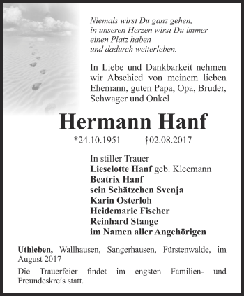 Traueranzeige von Hermann Hanf von Thüringer Allgemeine