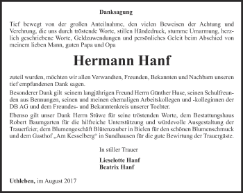 Traueranzeige von Hermann Hanf von Thüringer Allgemeine