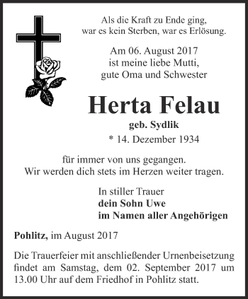 Traueranzeige von Herta Felau von Ostthüringer Zeitung
