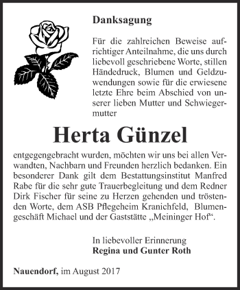 Traueranzeige von Herta Günzel von Thüringer Allgemeine, Thüringische Landeszeitung