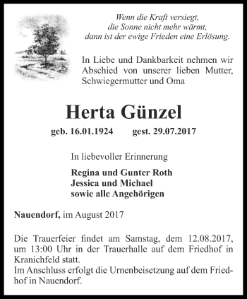 Traueranzeige von Herta Günzel von Thüringer Allgemeine, Thüringische Landeszeitung