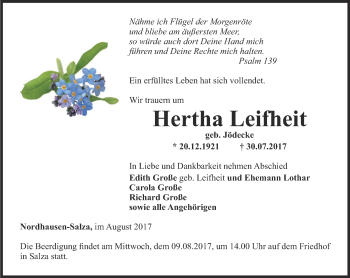 Traueranzeige von Hertha Leifheit von Thüringer Allgemeine